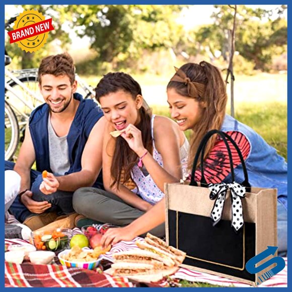 Large Jute Tote Bags with Handles Blank DIY Shopping Bags Bulk Set - Picture 6 of 7